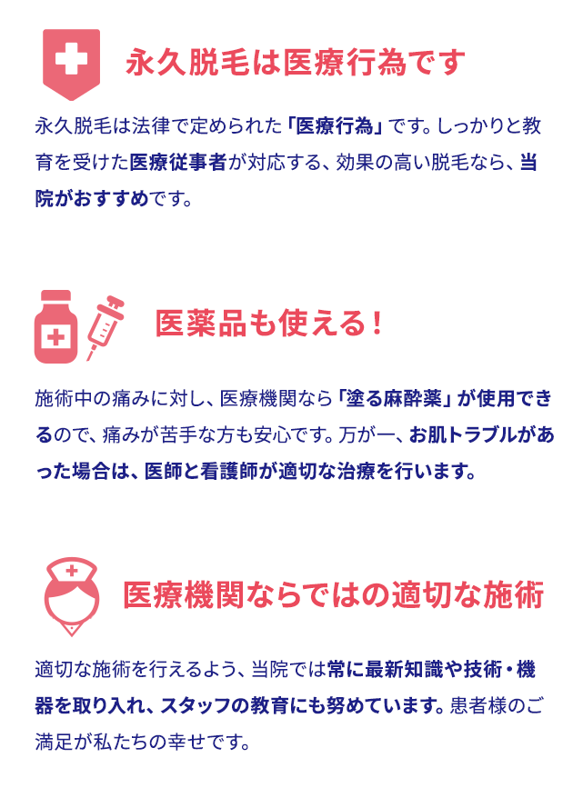 永久脱毛は医療行為です、医薬品も使える!医療機関ならではの適切な施術