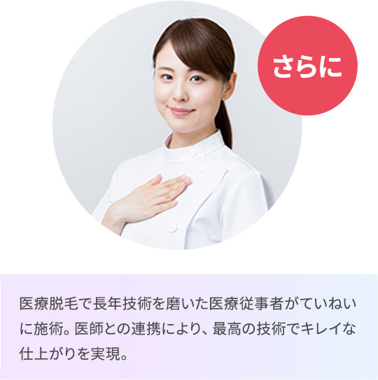 医療脱毛で長年技術を磨いた女性看護師がていねいに施術。医師との連携により、最高の技術でキレイな仕上がりを実現。